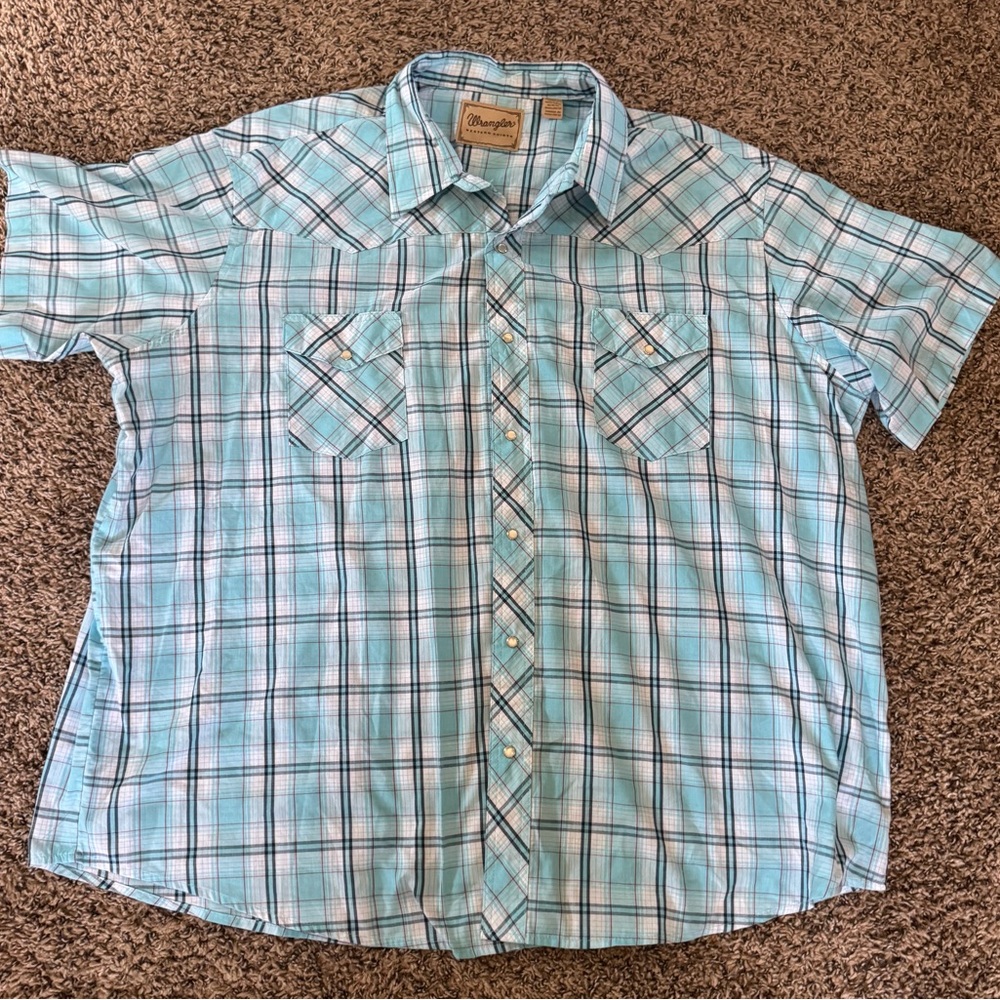 Wrangler Aqua and White Plaid Shirt
